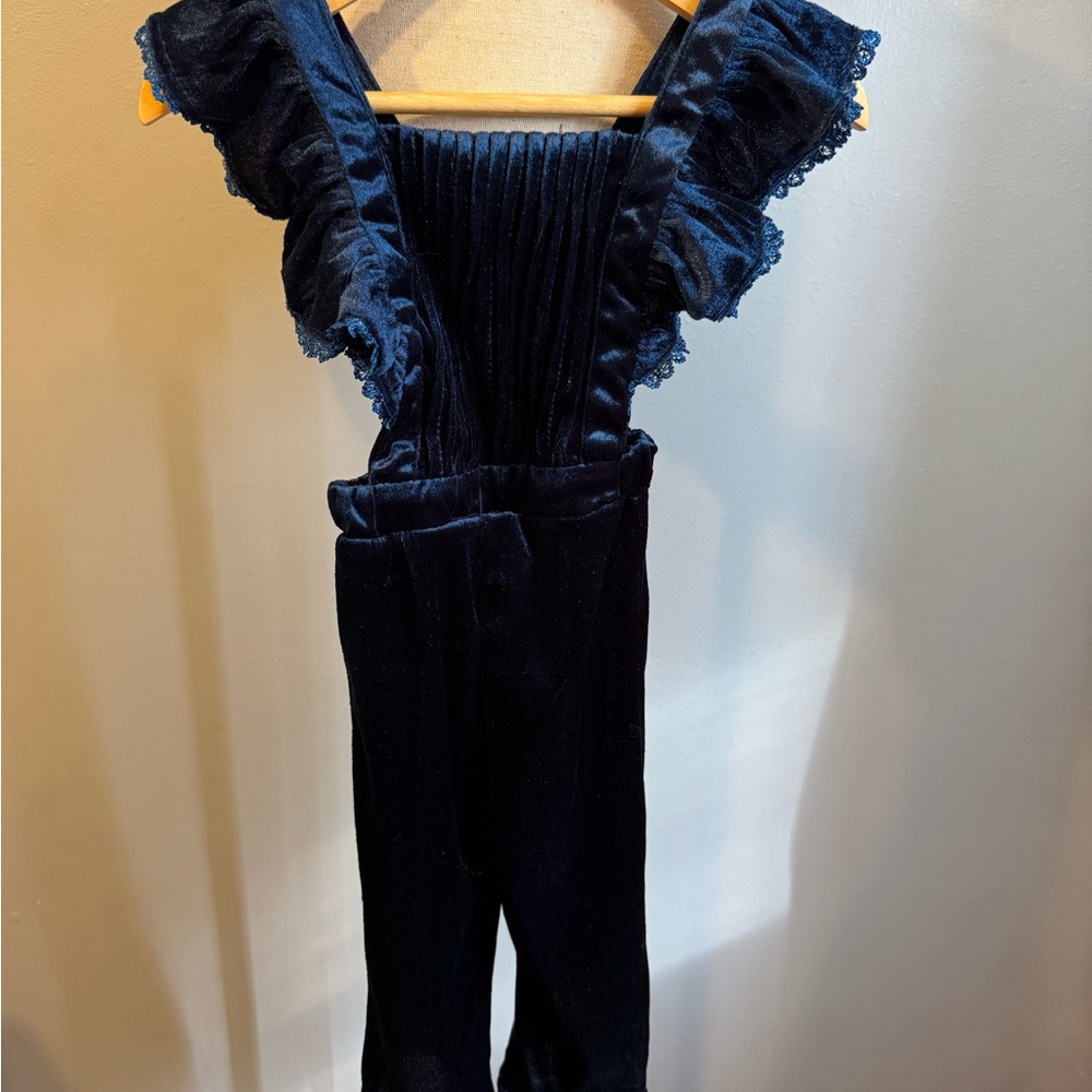 Navy Ruffled Velvet Overalls